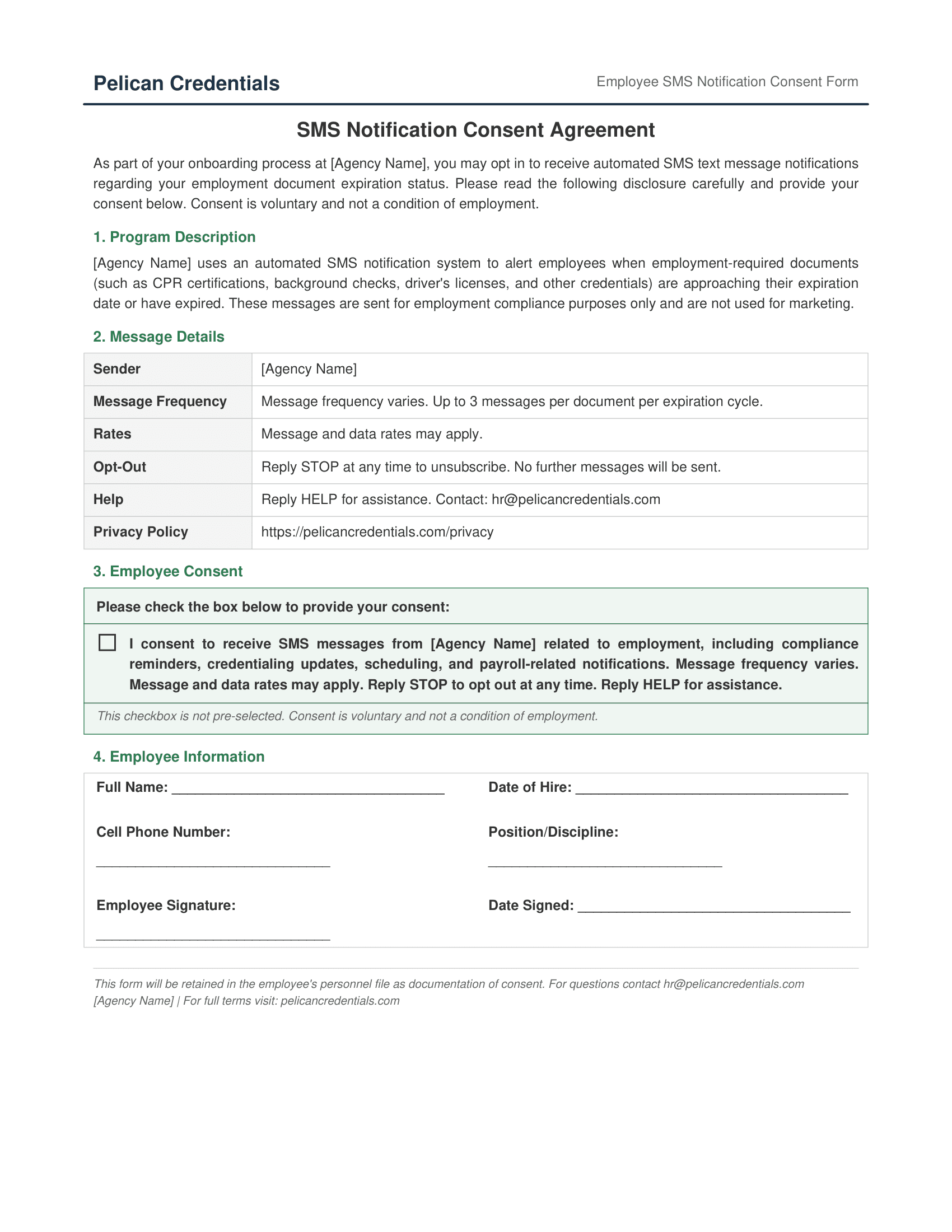 Sample SMS consent form presented to employees during onboarding by agencies using the Pelican Credentials platform.